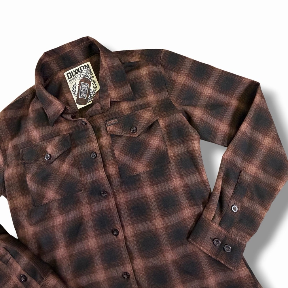 Dixxon Flannel Shirt The Bourbon Mens L Brown Plaid Long Sleeve Button Down - Picture 3 of 11